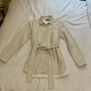 Faux leather tie shirt jacket